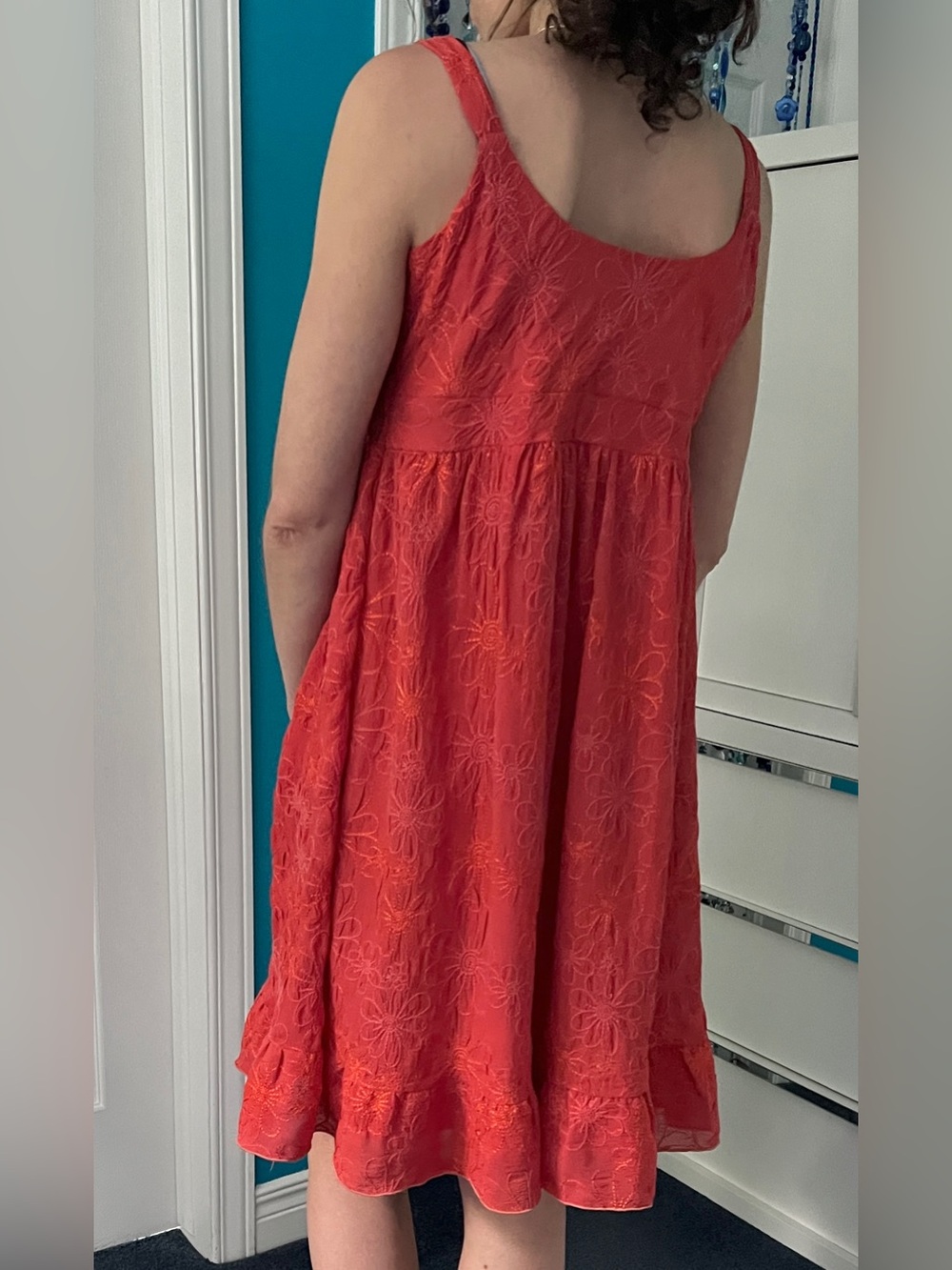 🇨🇦Burnt Orange Floral Embroidered Knee-Length Dress Ruffle Hem Romantic Festival - Picture 9 of 12